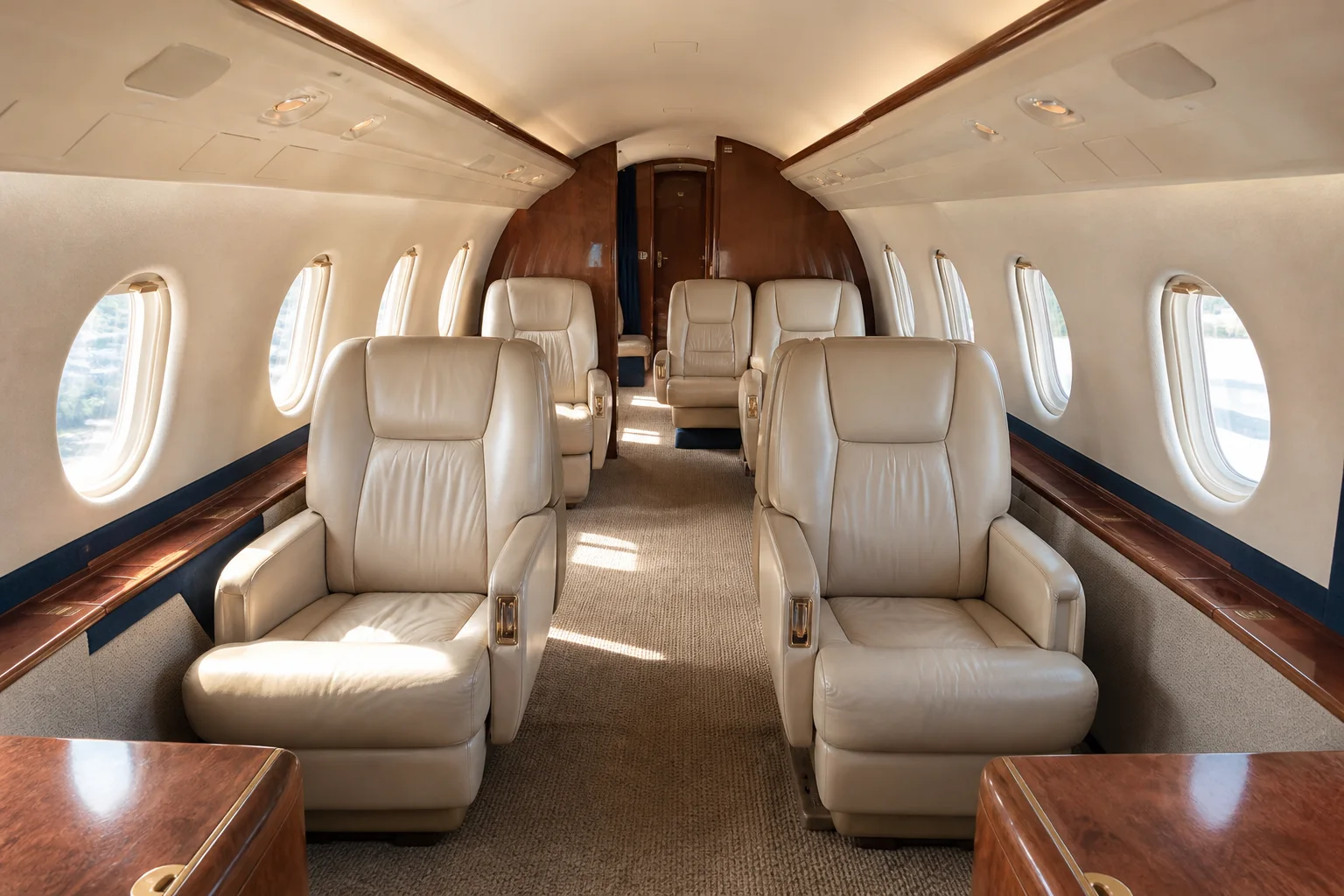 The cabin of a private jet with cream leather seats